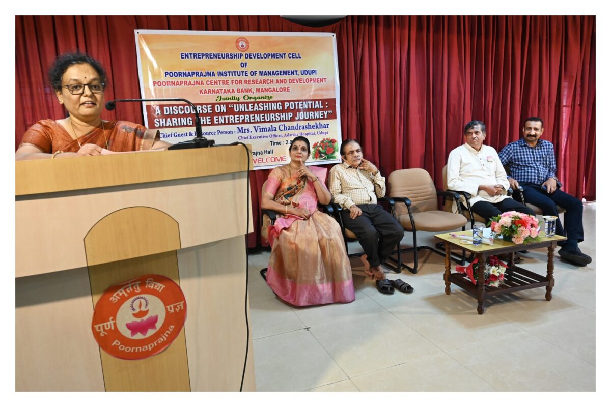 Entrepreneurship Development Cell Organises workshop on the topic ” Unleashing Potential: Sharing the Entrepreneurship Journey with Mrs. Vimala Chandrashekar, CEO of Adarsha Hospital Udupi.